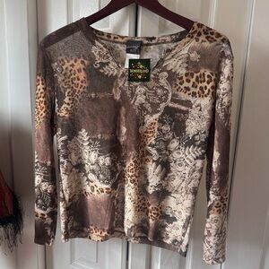 Copper Key Brown & Cream Long Sleeve Printed Top